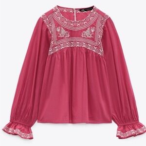 Zara Pink Blouse with White Embroidery